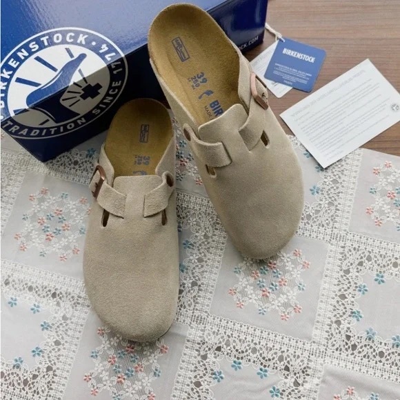 Birkenstock Boston 🍂Soft Footbed Taupe Suede Leather Clog - Picture 2 of 5
